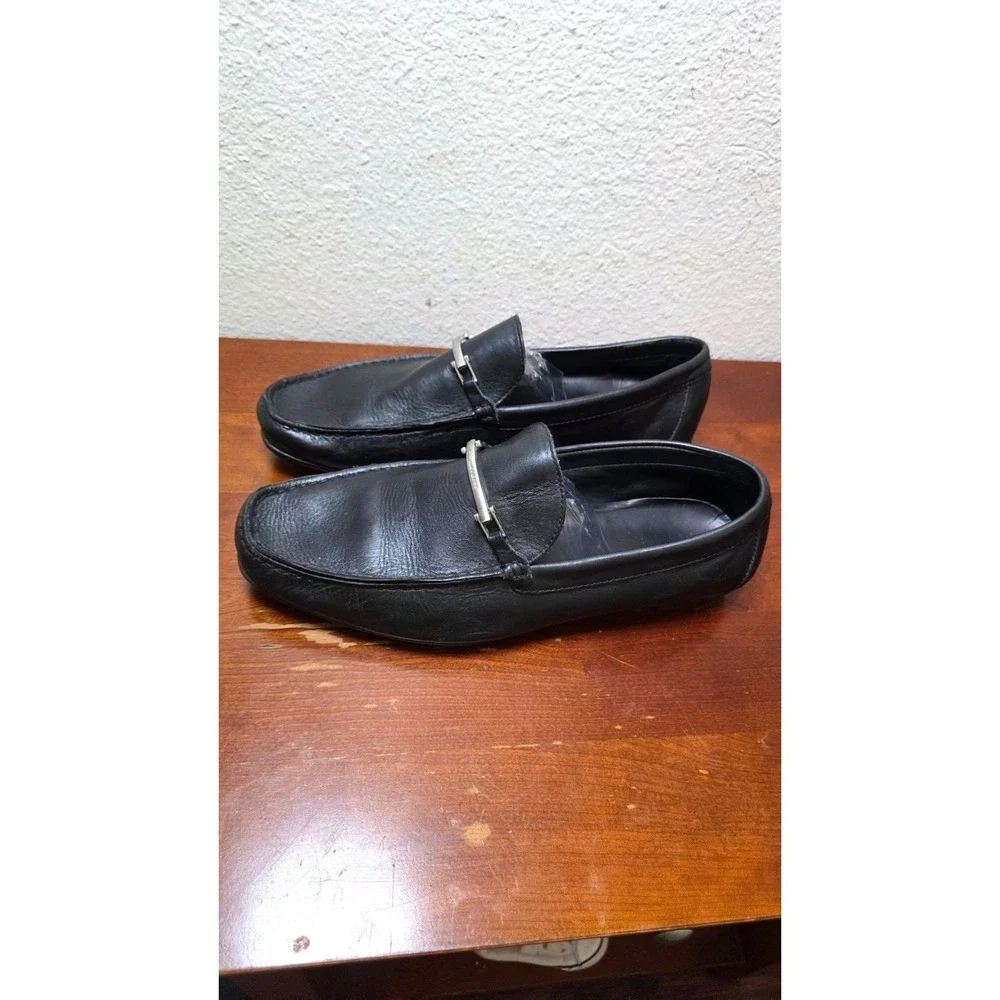 Hugo Boss Men's Black Leather Slip-On Loafers Metal Bit Detail - Size 11.5M‎